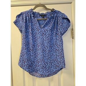 41 Hawthorn Blue Floral Ruffle Neck Flutter Sleeve Blouse XS Petite
